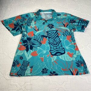 Project X ALOHA Hawaiian Tiki Tropical Floral Shirt Teal Blue XL Polyester